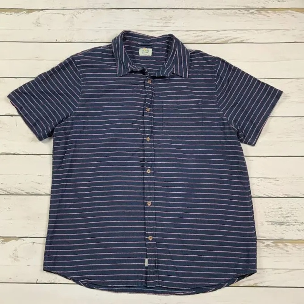 Marine layer men’s button up shirt size small navy with small red/white stripes